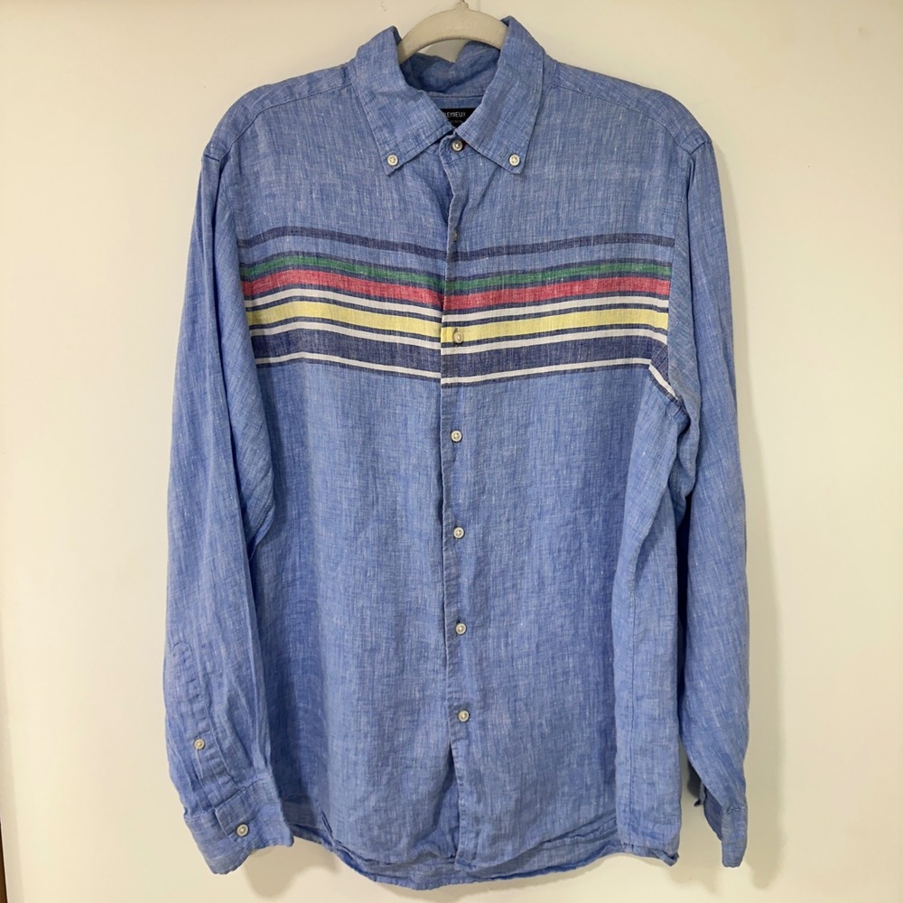 Cremieux Collection Linen Button Down Women‎ Large Blue Striped Chest | Coastal